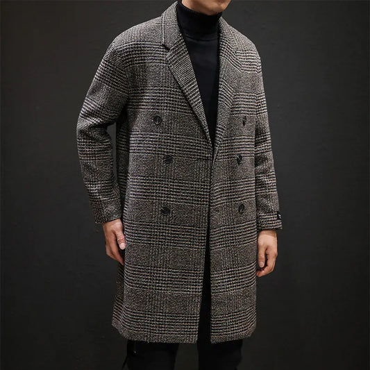 Men's Double-Breasted Plaid Overcoat - Tailored Fit