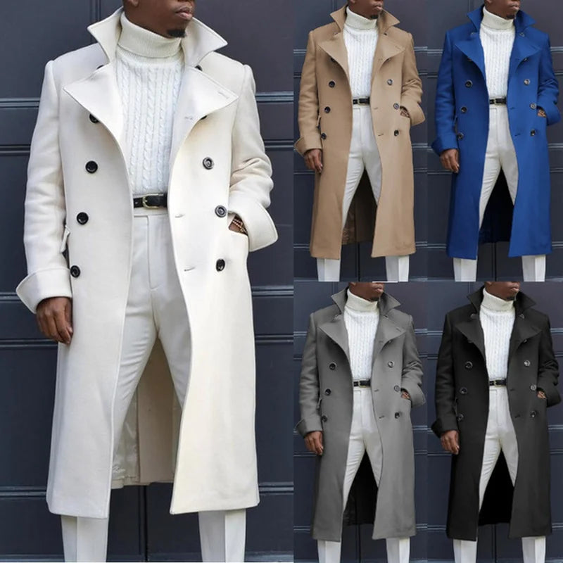 Men's White Long Wool Blend Double Breasted Overcoat