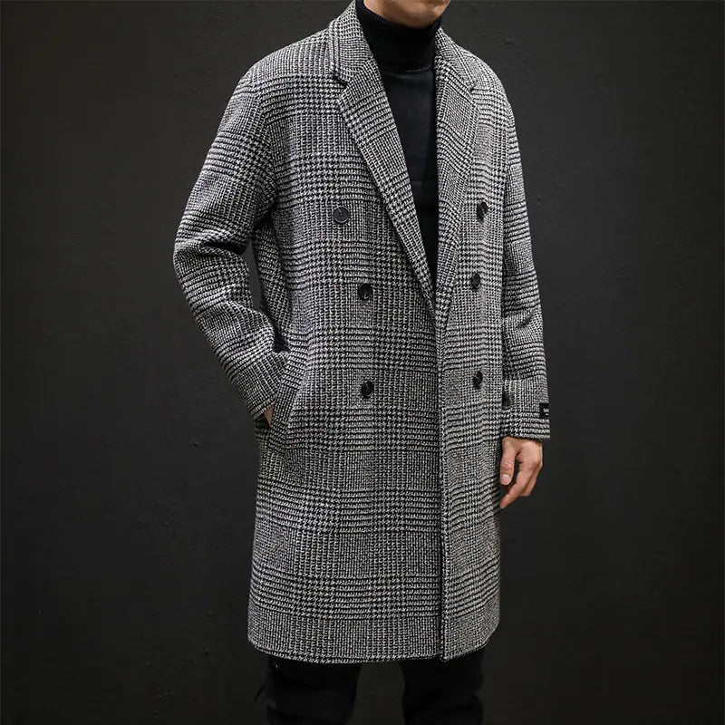 Men's Double-Breasted Plaid Overcoat - Tailored Fit
