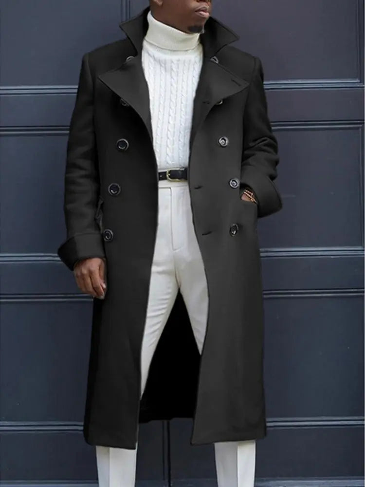 Men's White Long Wool Blend Double Breasted Overcoat