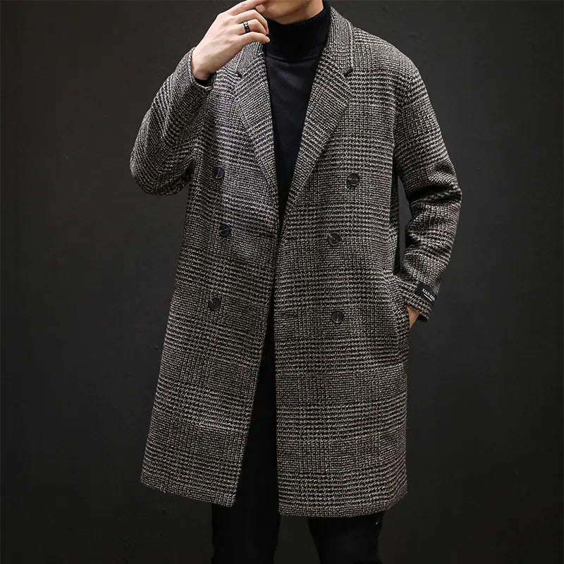 Men's Double-Breasted Plaid Overcoat - Tailored Fit