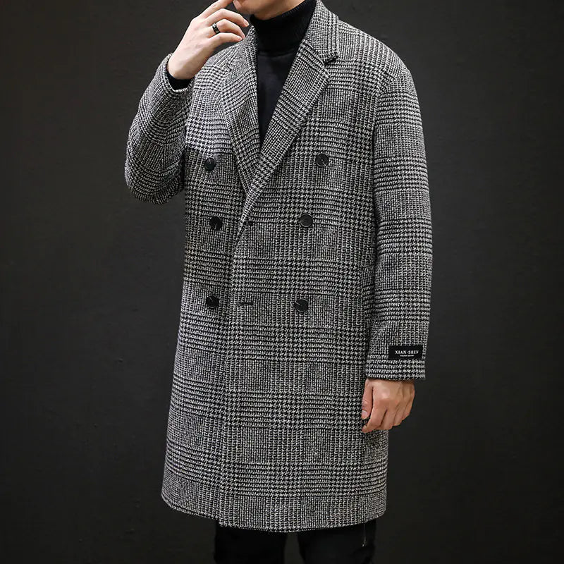 Men's Double-Breasted Plaid Overcoat - Tailored Fit