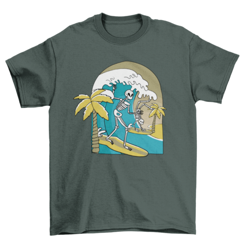 Skeletons surfing a wave having fun t-shirt