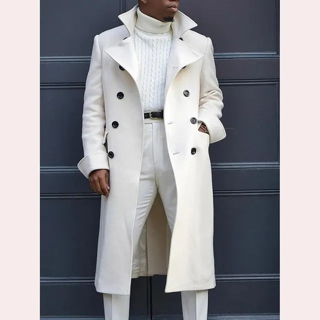 Men's White Long Wool Blend Double Breasted Overcoat