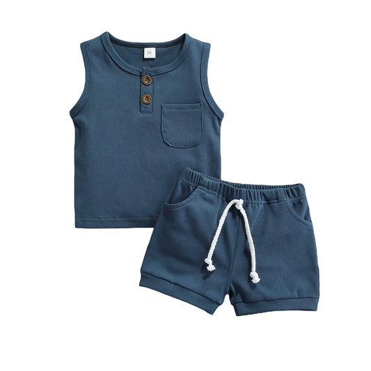 CIYCUIT 2Pcs Baby Boy Summer Clothes Infant Toddler Solid Color Sleeveless Tank Tops Shorts Set Blue 2-3T
