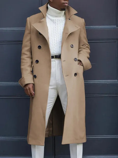 Men's White Long Wool Blend Double Breasted Overcoat