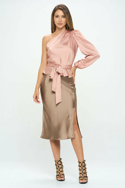 Solid Stretch Satin Midi Skirt with Slit