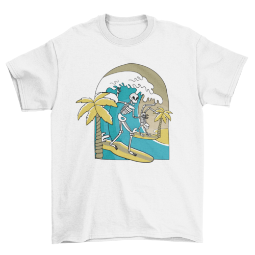 Skeletons surfing a wave having fun t-shirt