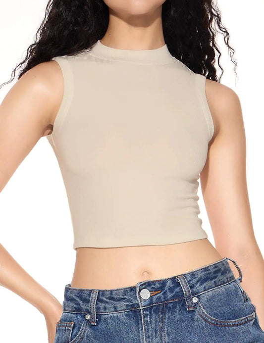 Womens Ribbed Crop Tops Sleeveless Mock Neck Tank Tops for Summer Clothes Beige
